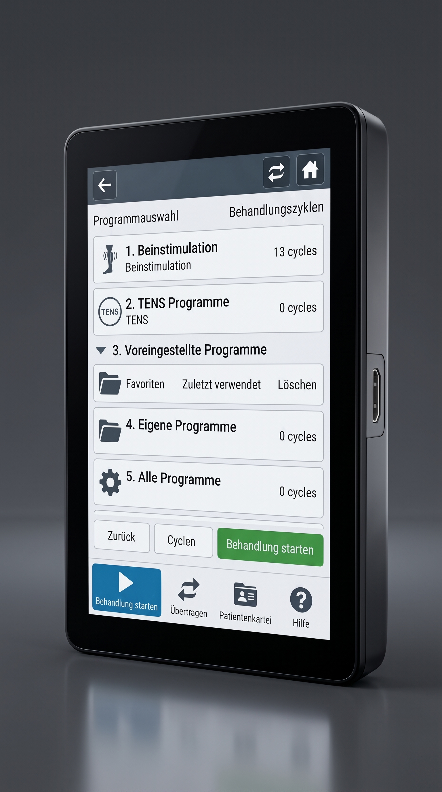 Touch-Bedienoberfläche mit Programmauswahl, Parametrierung und Zyklensteuerung